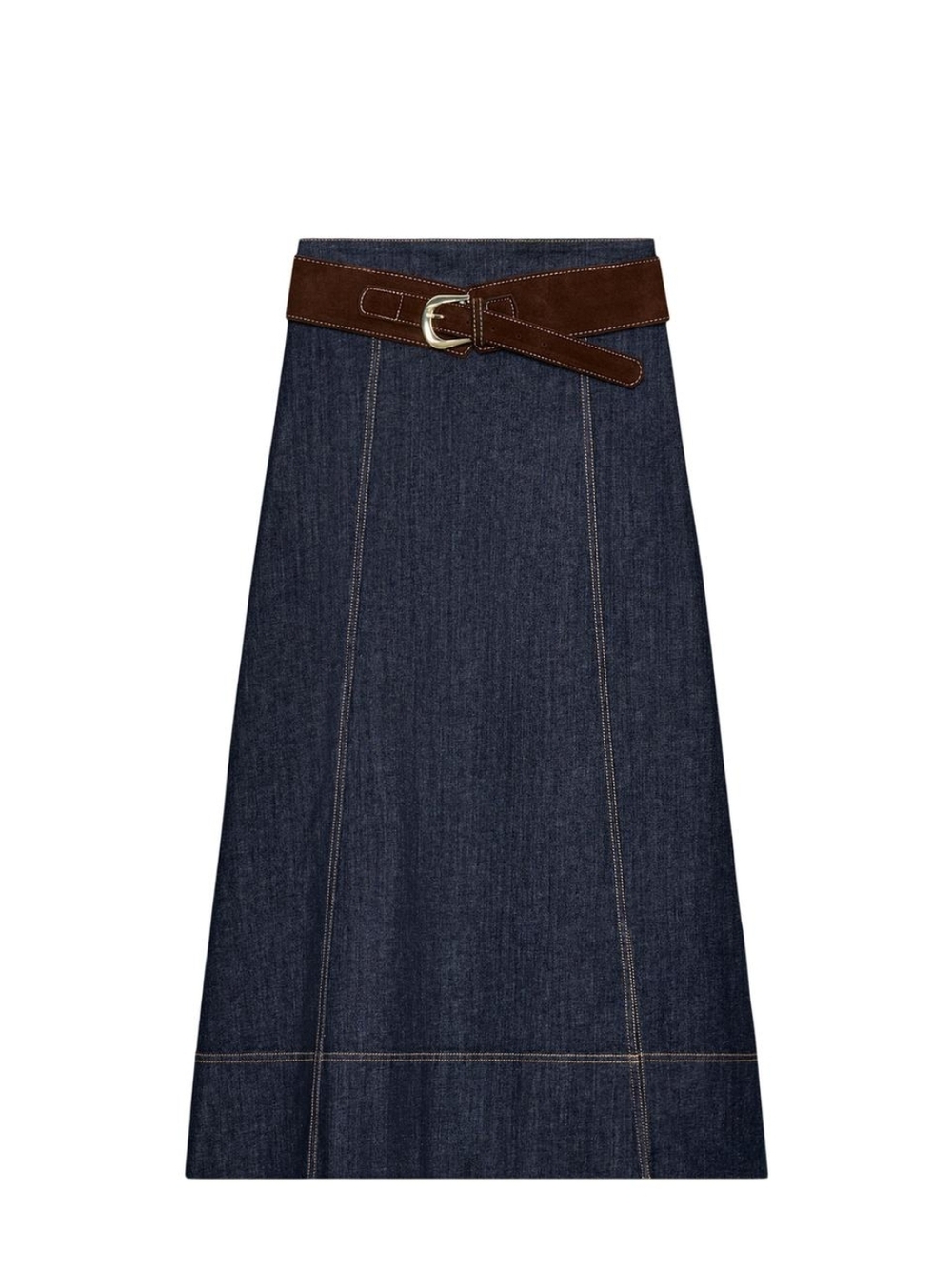 Zara Dark Blue Denim A-Line Midi Skirt with Brown Belt